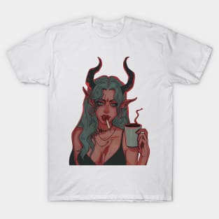 Devil Girl Smoking Cigarette and Coffee T-Shirt